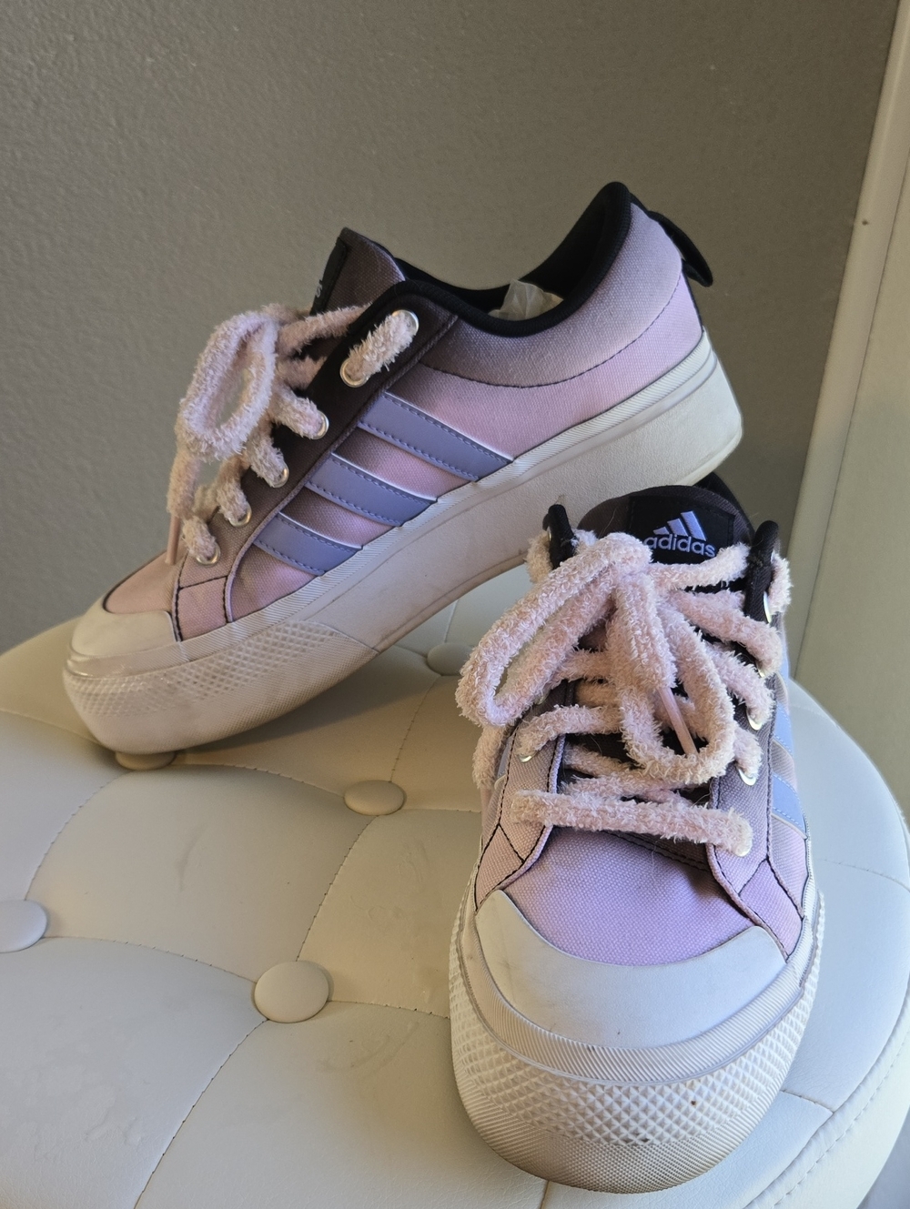 adidas Pastel Lavender Platform Sneakers with Fuzzy Laces
